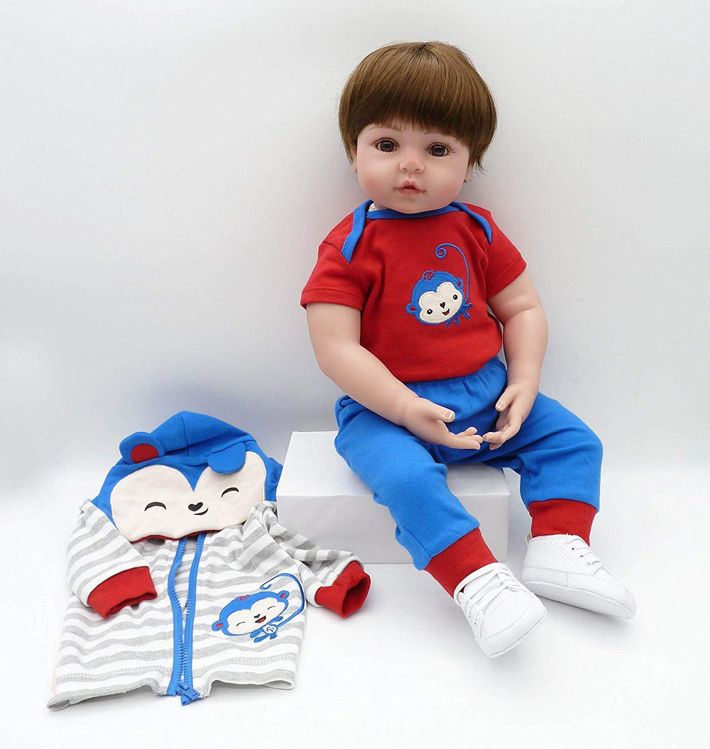 Medylove reborn blue monkey romper highlighting breathable cotton.