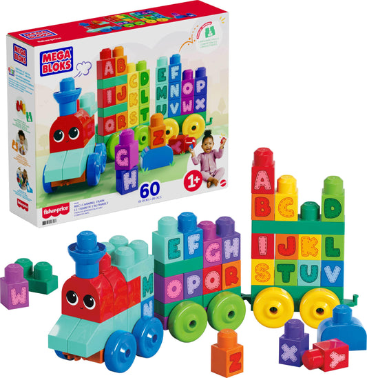 Mega Bloks First Builders ABC Train with 60 pieces encouraging early alphabet learning.