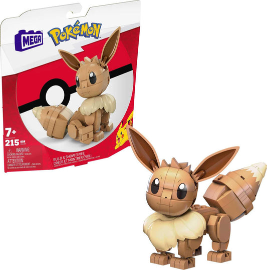 Mega Brands Eevee building set with 215 pieces for extended imaginative play and display-ready poses.