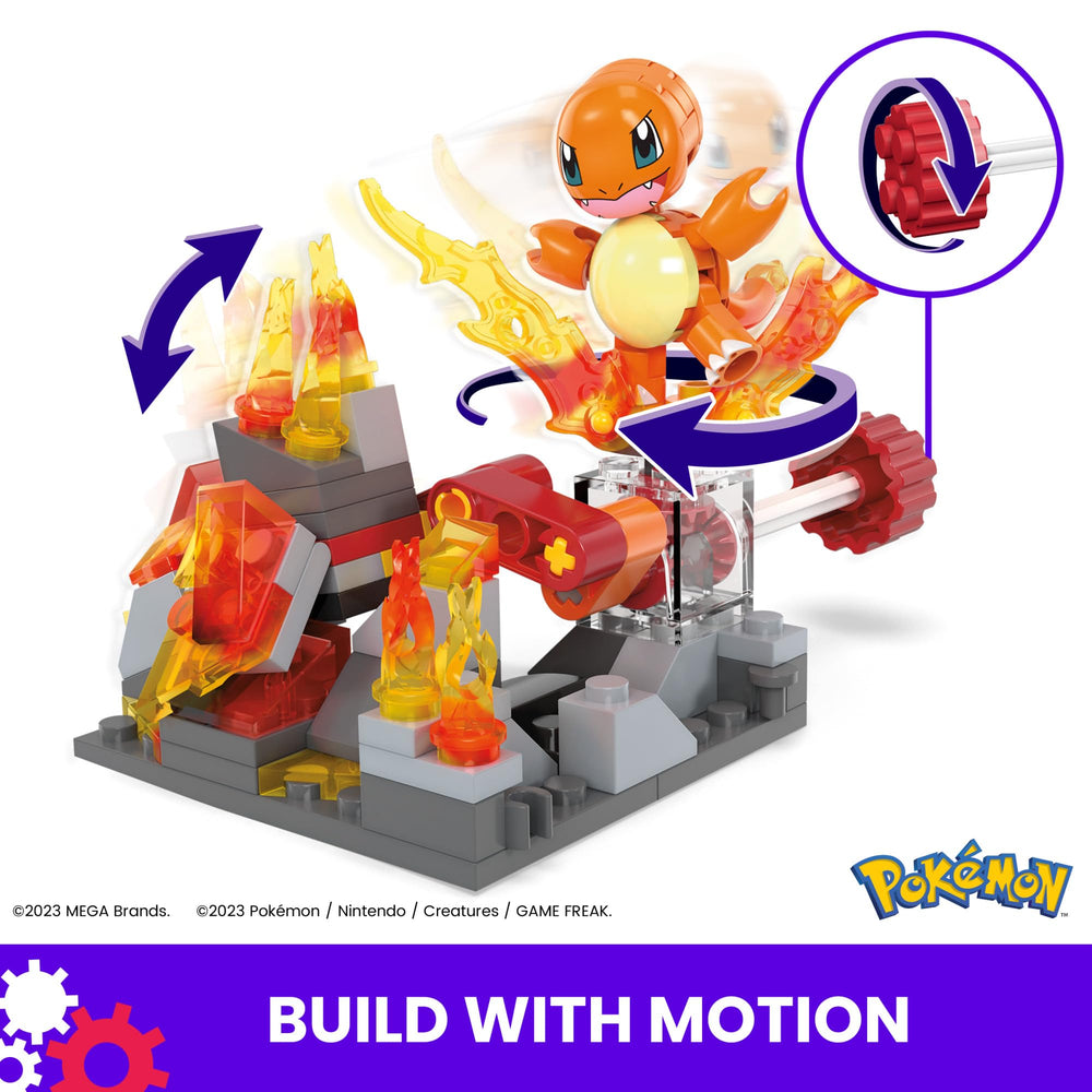 Mega Brands Charmander fire environment highlights flame details for imaginative display.