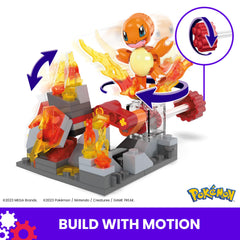 Mega Brands Charmander fire environment highlights flame details for imaginative display.