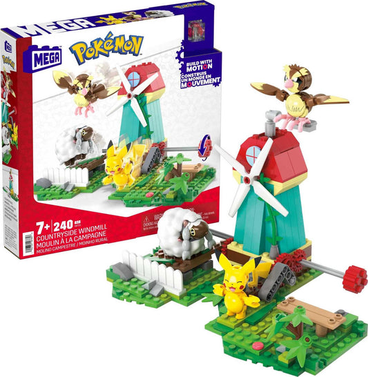 Mega Brands Pikachu figure with motion brick in sunny countryside play scene
