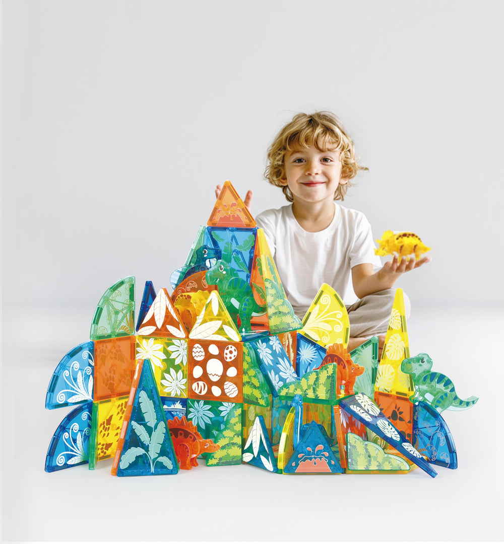 MEGAGONTILES dinosaur-gift-box-ready packaging with idea booklet for birthdays or holidays