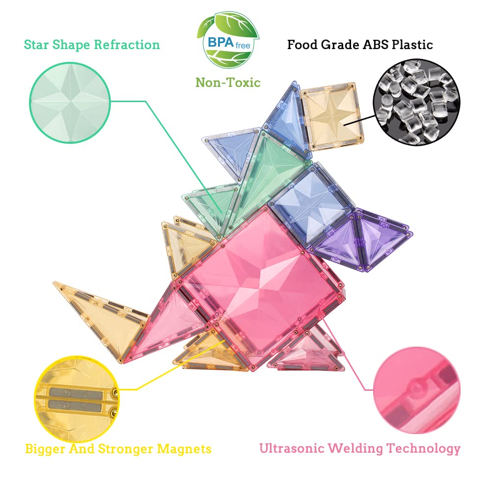 MEGAGONTILES scratch-resistant magnets support taller, sturdier constructions for durable play.
