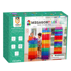MEGAGONTILES star-shaped tiles illuminate play with sunlight refractions for imaginative building.