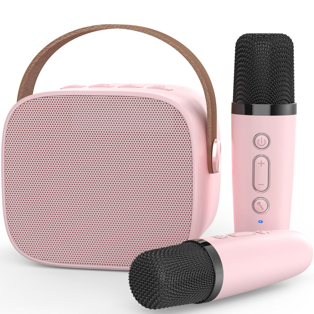 MEGUO mini karaoke machine pink front view, portable party essential for kids' singing fun.