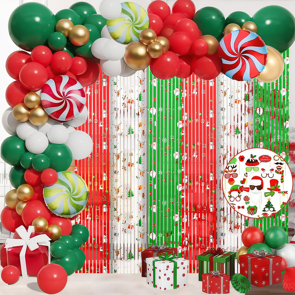 MEHOFOND Christmas foil fringe curtain in red, green and silver creates festive backdrops.