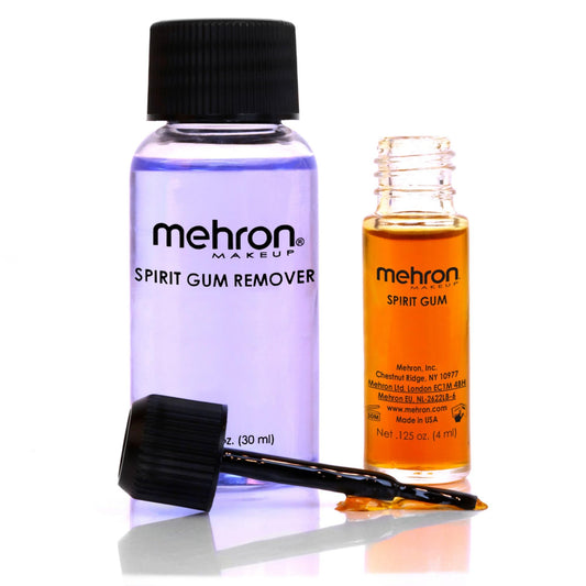 Mehron Spirit Gum adhesive bottle enables reliable prosthetics adhesion for face and body applications.