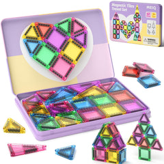 MEIQ 42-piece mini magnetic tiles travel set with metal box for organized on-the-go play