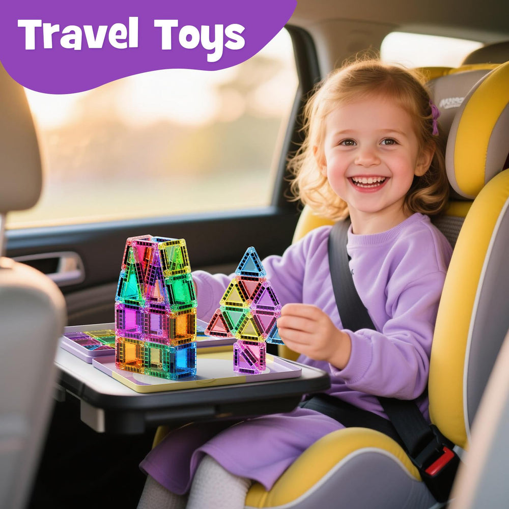 MEIQ mini magnetic tiles travel case enabling car or plane play with durable magnets