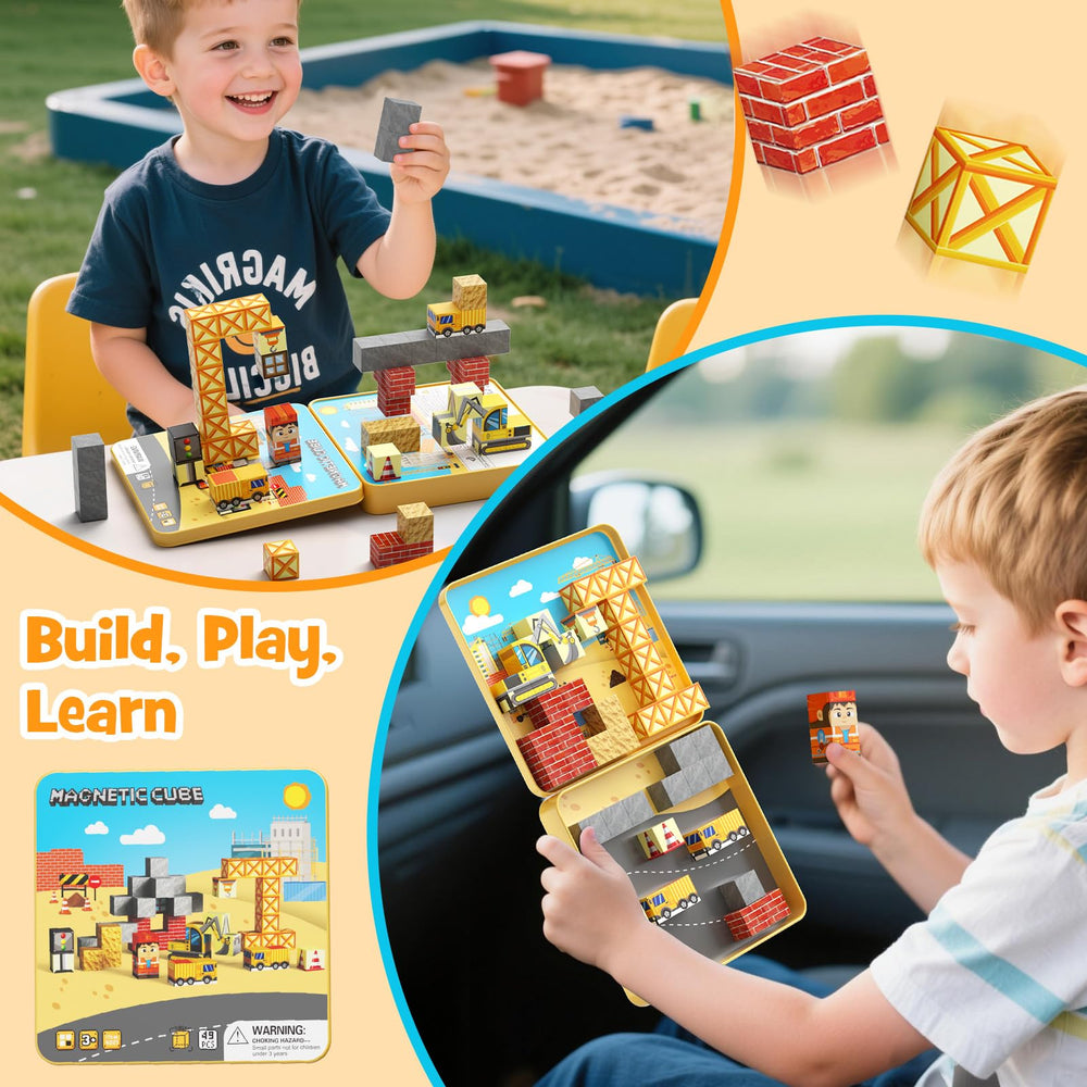 MEIQ travel box with magnetic blocks ready for car trips and family play.