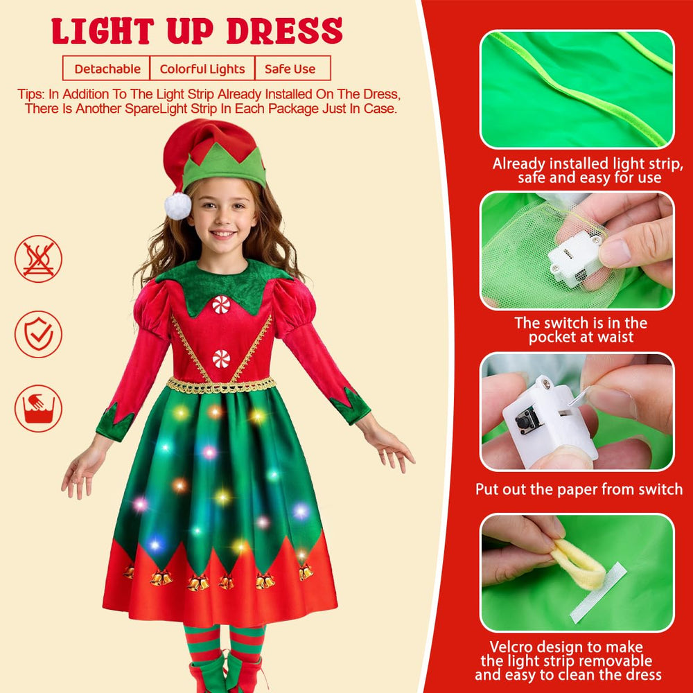 Meland golden trim and buttons add festive sparkle to the costume.