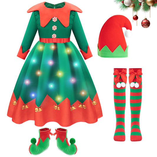 Meland elf costume for kids dress in festive red and green for Christmas party dress-up