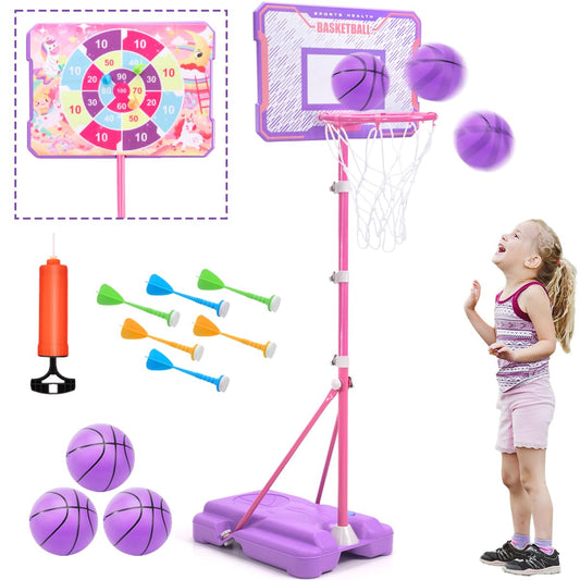 Meland Kids Basketball Hoop pink front view ideal for indoor or outdoor play.