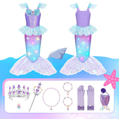 Meland Mermaid costume on girl ready for birthdays photos and ocean themed celebrations