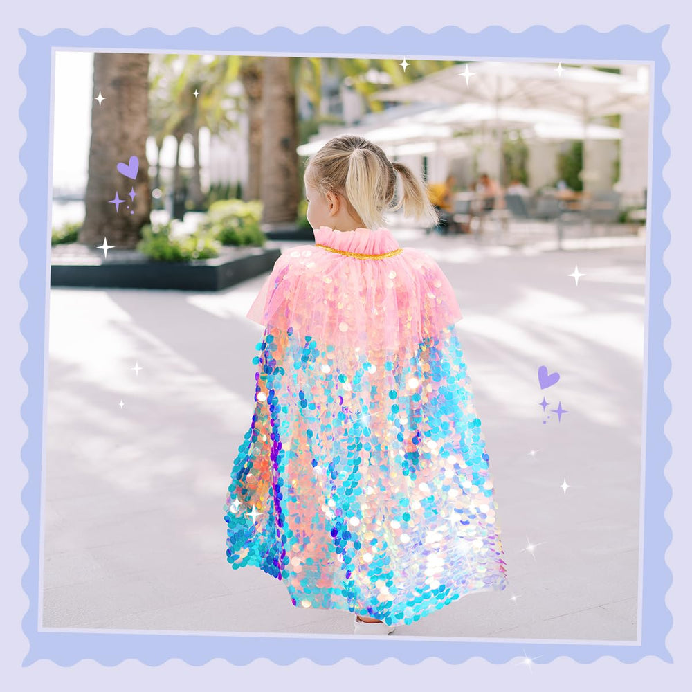 Meland princess accessories with rainbow mermaid bag complement the cape