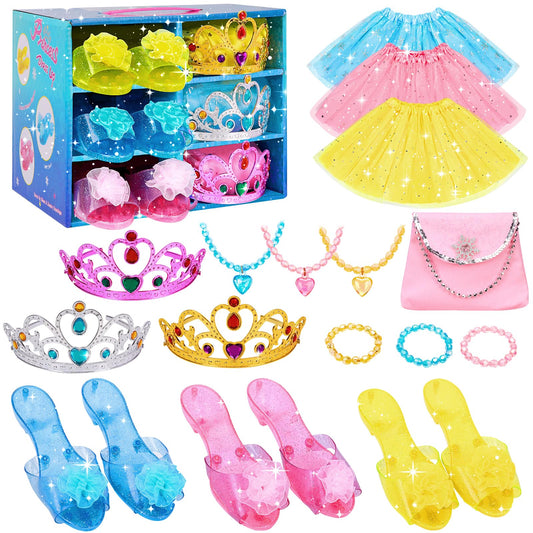 Meland princess dress-up kit with three colorful skirts and sparkling stars for imaginative play.