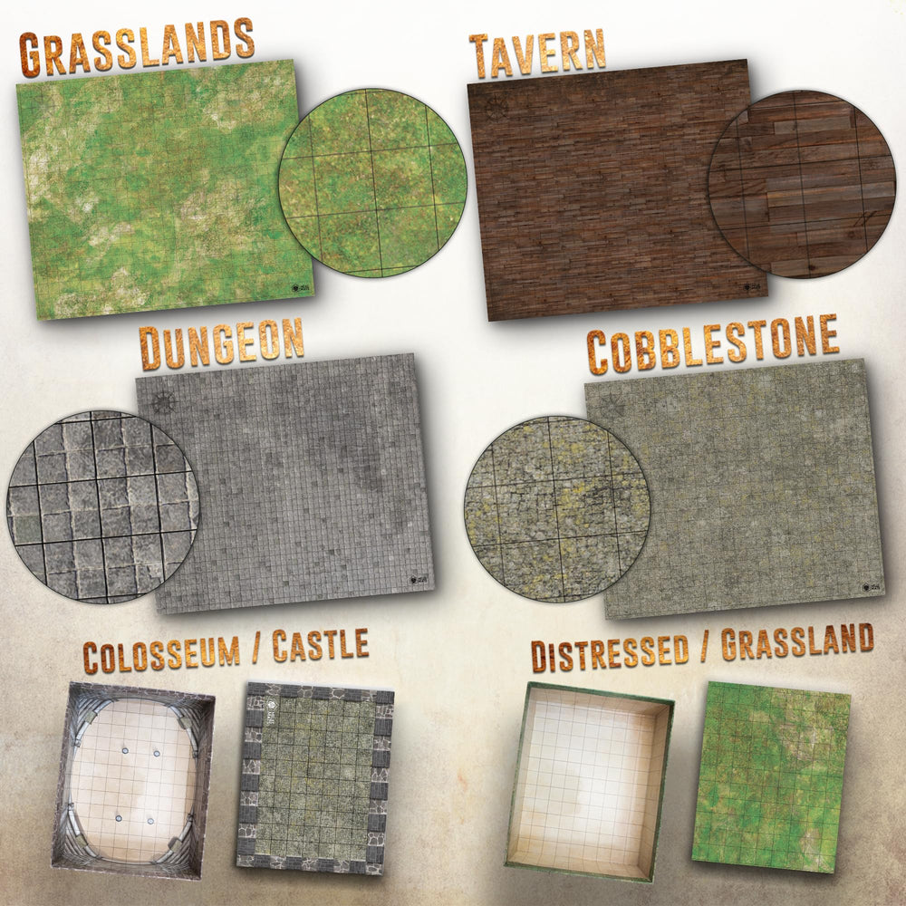 Melee Mats DND cobblestone double-sided map for street-level battles.
