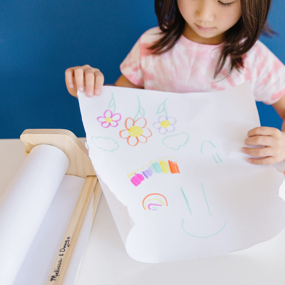 Kid-friendly design of the Melissa & Doug paper dispenser for mess-minimizing crafts.
