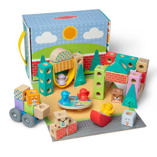 Melissa and Doug Blockables Town Play Set open box reveals colorful pieces for creative play.