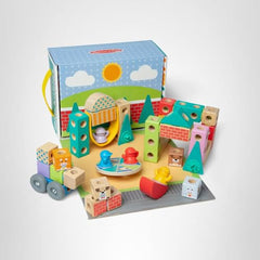 Melissa and Doug Blockables Town Play Set durable wooden blocks and a storage box support screen-free play.