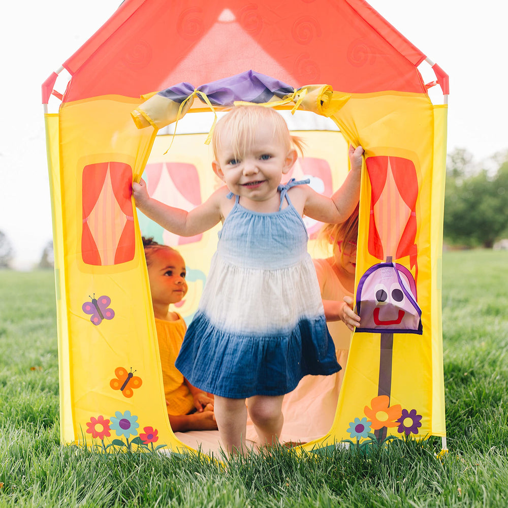 Front door of Melissa and Doug Blue's House tent rolls up for easy access