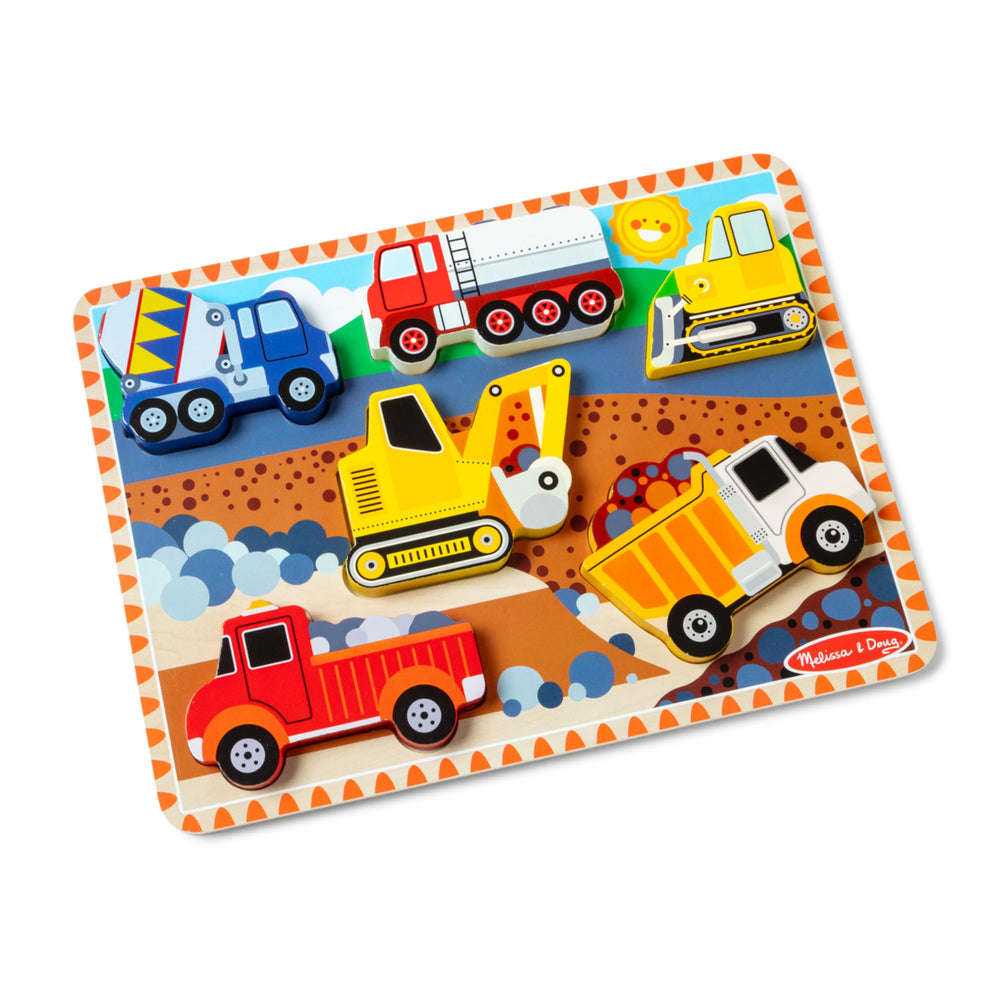 Melissa and Doug construction vehicles wooden puzzle pieces promote fine motor skills and imaginative play.