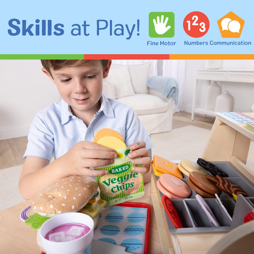 Melissa & Doug double-sided menu sign guides sandwich options during play.