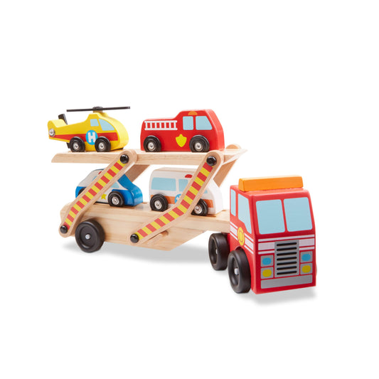 Melissa & Doug emergency vehicle carrier truck with four vehicles for imaginative play.