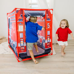 Melissa & Doug Fire Truck Play Tent back door roll-up for quick access.
