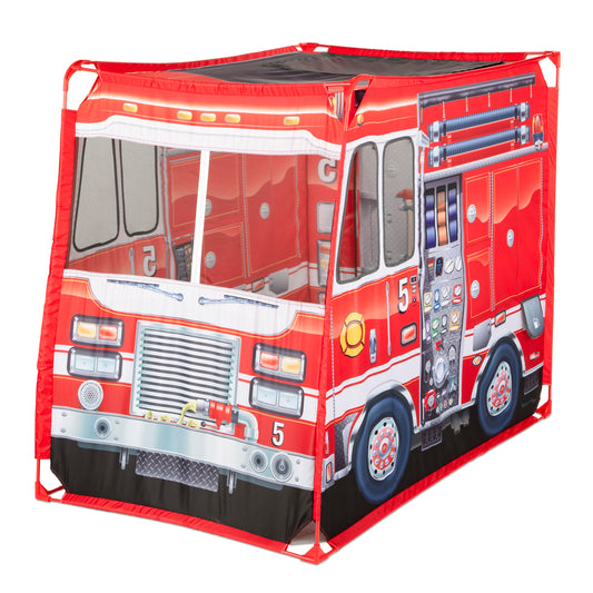Melissa & Doug Fire Truck Play Tent front view with bright rescue artwork for imaginative play.