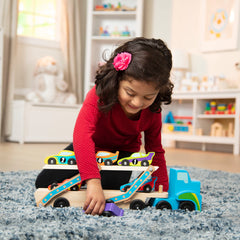 Melissa & Doug Mega Race-Car Carrier trailer with cars highlights double-decker design for exciting play.
