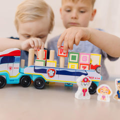 Side view of the PAW Patrol block truck supports hands-on stacking and storytelling.