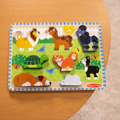 Melissa & Doug Pets wooden chunky puzzle gift-ready packaging appeals to caregivers.