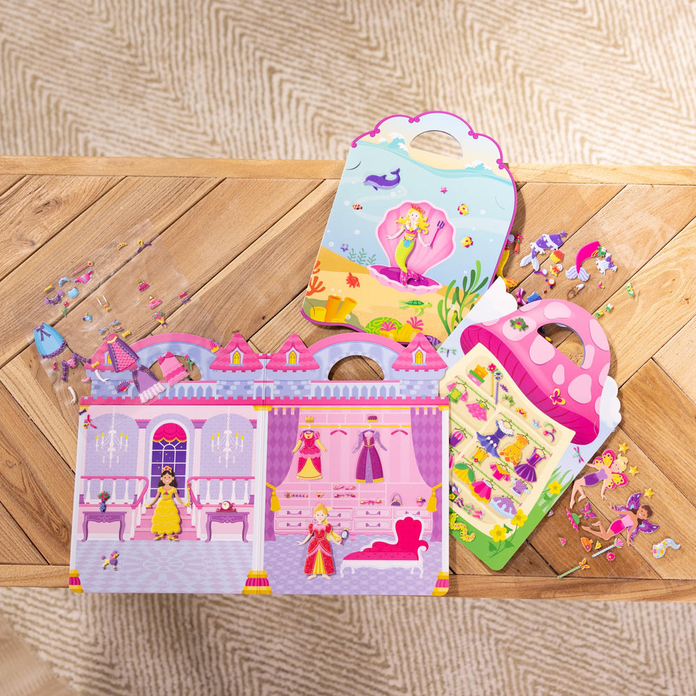 Melissa & Doug Puffy Sticker set close-up shows 65+ restickable pieces ready to reuse.