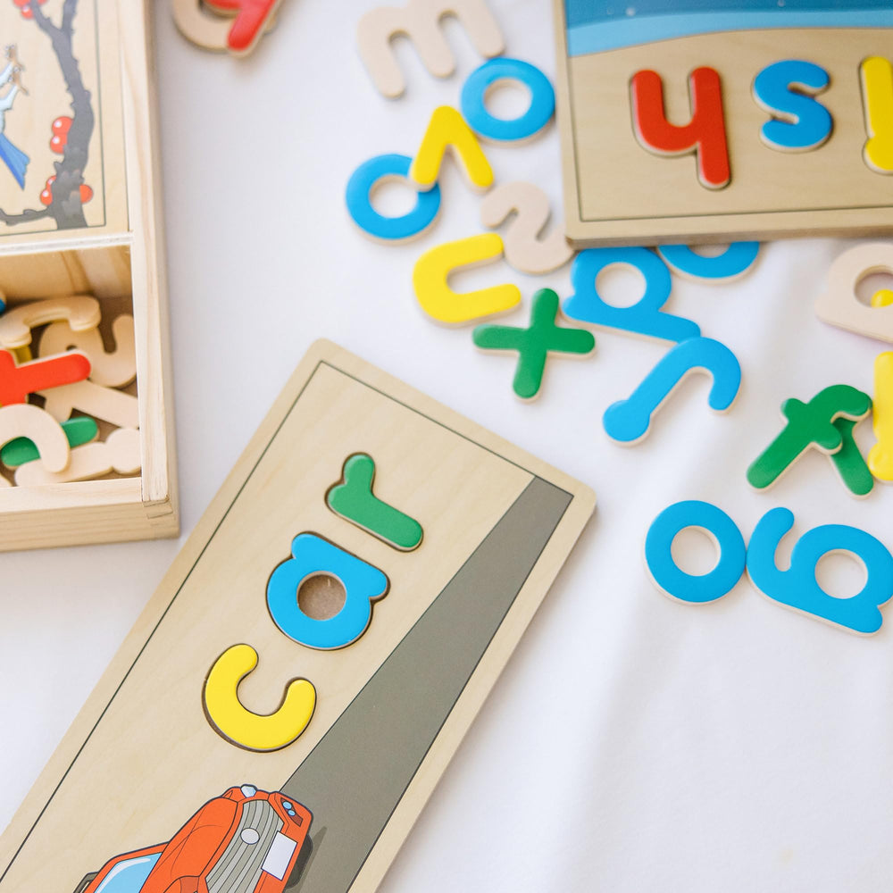 Colorful wooden pieces spark early literacy through interactive word-building