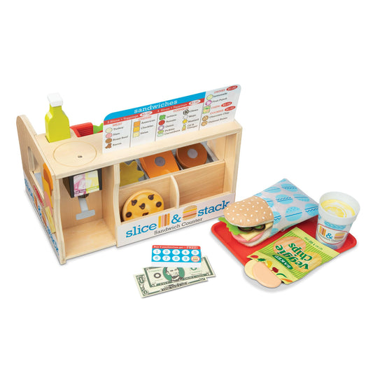 Melissa & Doug Slice-Stack-Serve wooden counter with working slicer for realistic pretend dining.