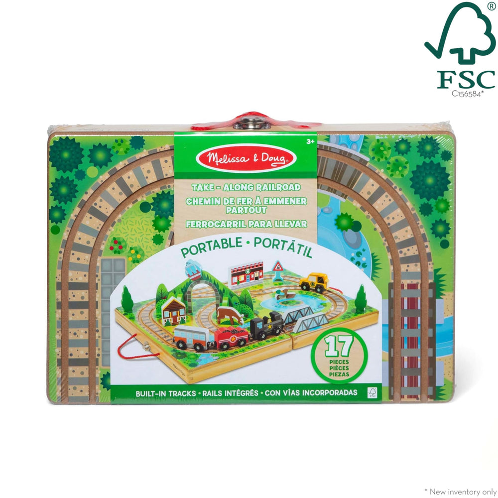 Melissa & Doug Take-Along Railroad accessories spark imaginative role play with friends.