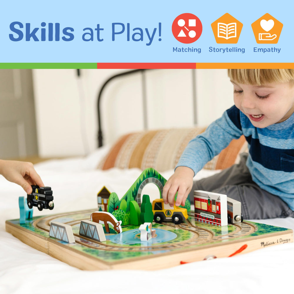 Melissa & Doug Take-Along Railroad ranger truck and animals expand storytelling options.