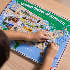 Melissa & Doug USA Map shows capitals under each piece for memory-friendly recognition.