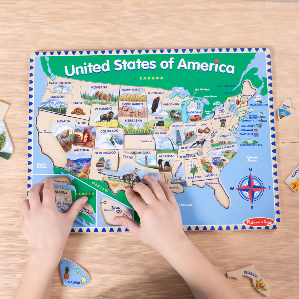 Melissa & Doug USA Map bright colors and friendly icons enhance recognition and memory.