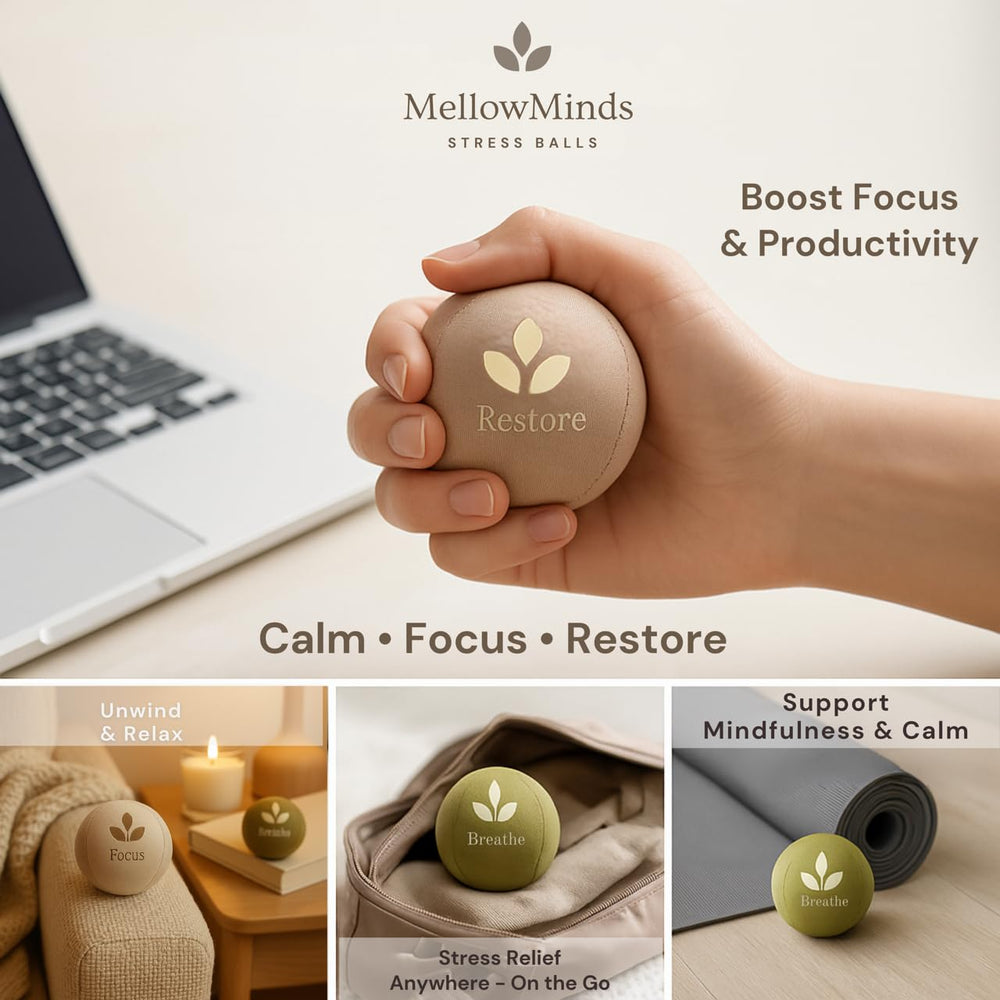 MellowMinds stress ball with medium resistance shown for focused fidgeting at work