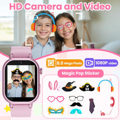 Melontti kids smartwatch pink in use during learning games and activities.