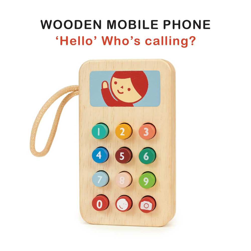Mentari solid wood phone with illustrated screen stimulates storytelling during pretend calls.