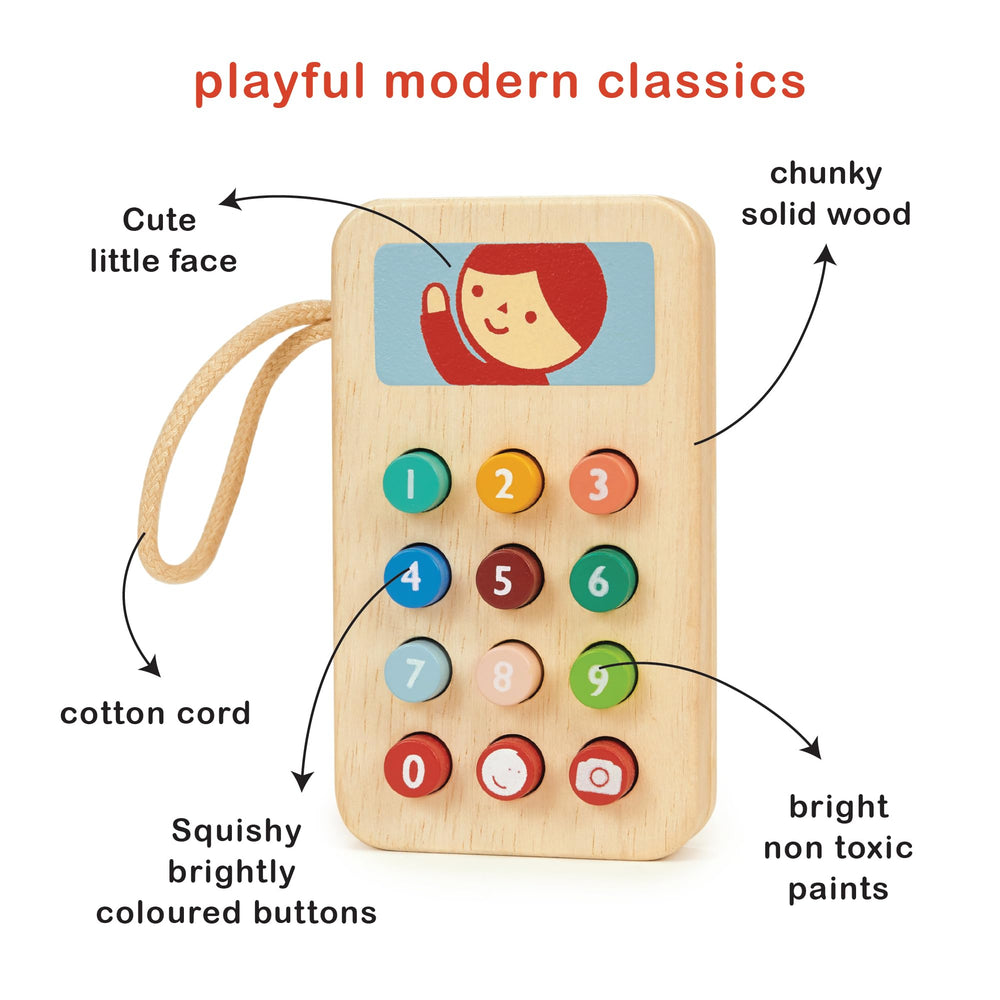 Mentari phone wrist chord enables easy on-the-go pretend play and portable conversations.