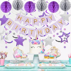 Meowtastic purple and silver honeycomb balls provide decorative depth