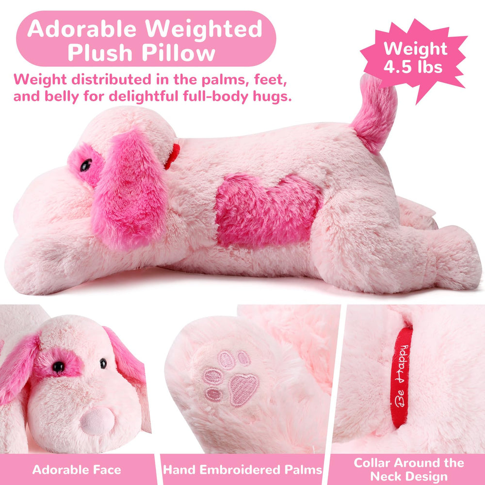 Meowtastic pink dog weighted plush resting as a sleep-friendly pillow.