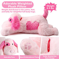 Meowtastic pink dog weighted plush resting as a sleep-friendly pillow.