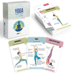 Merka Yoga Cards deck spread shows 50 poses for quick practice prompts.