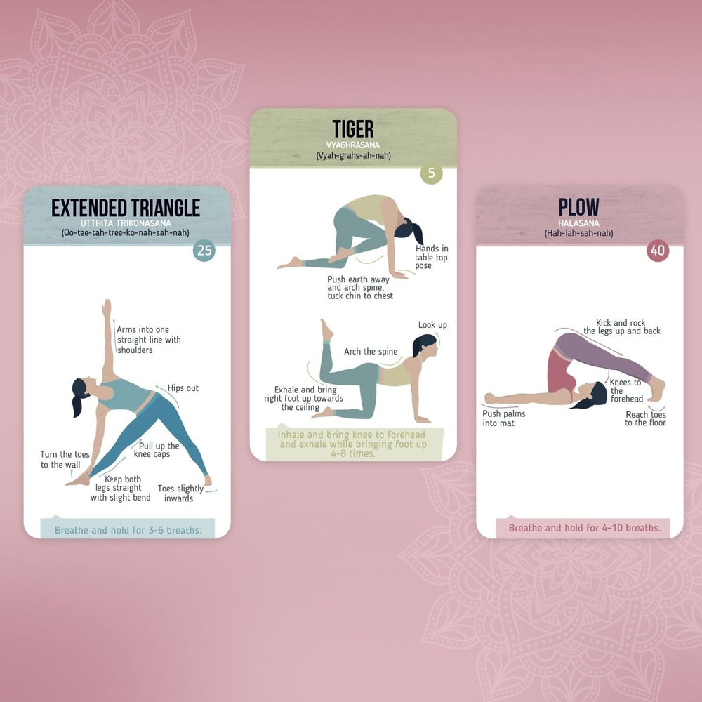 Merka Yoga Cards linked videos support guided progression from beginner to advanced.